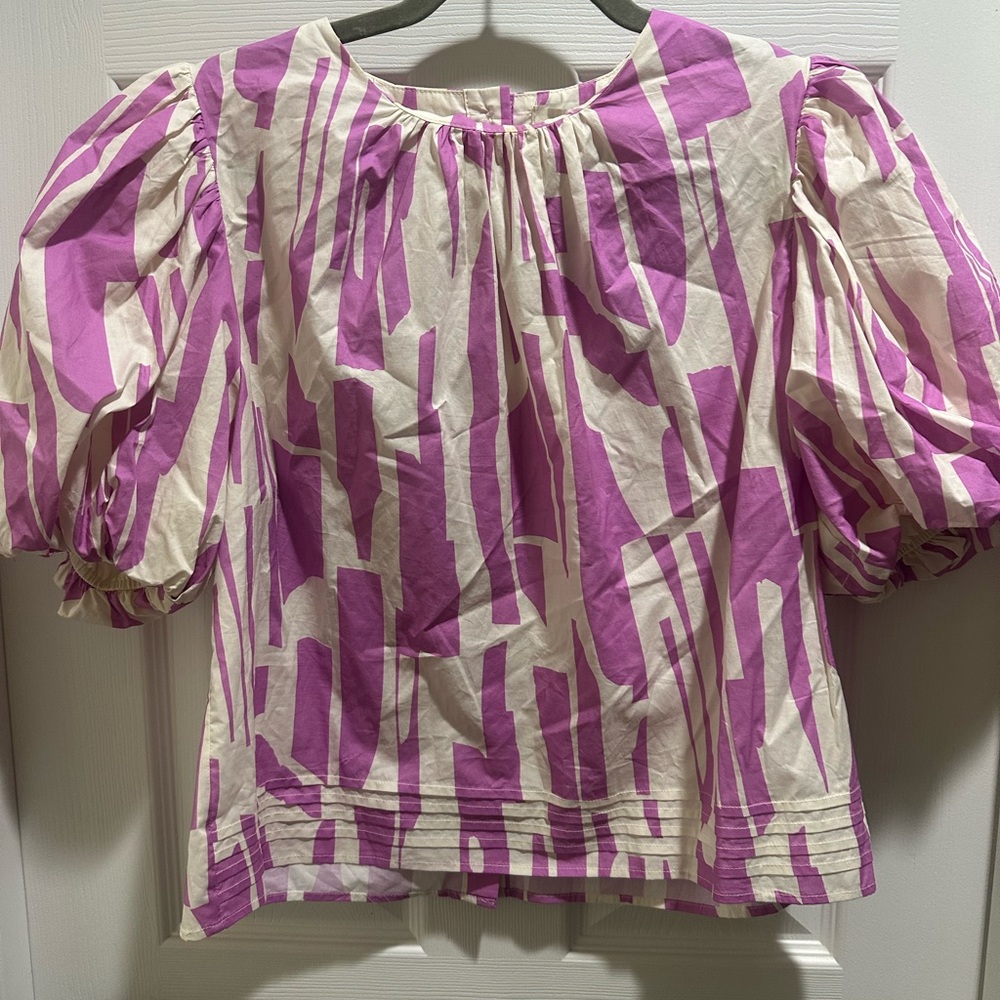 Pinch Puff-Sleeve Abstract Print Blouse - Pink & Cream